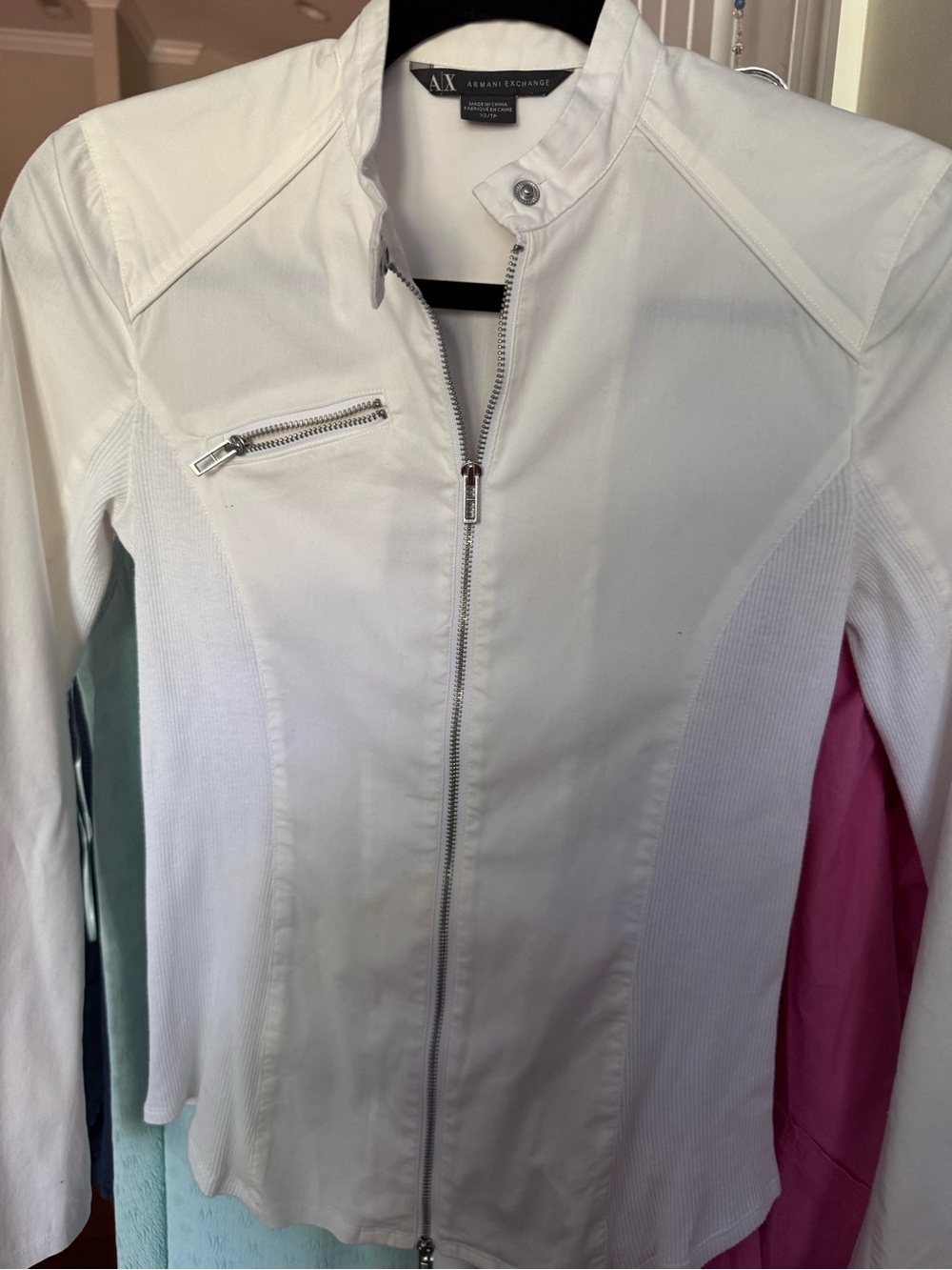 Armani Exchange White Zip-Front Leather-Trim Jacket